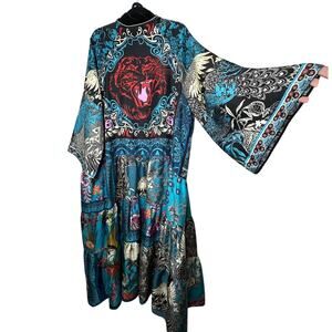 F.R.S. Cream Black Blue Red Multi Bird Floral Tiger Print Kimono M